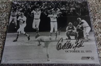 signed Carlton Fisk in motion hitting the HR Oct. 12,1975